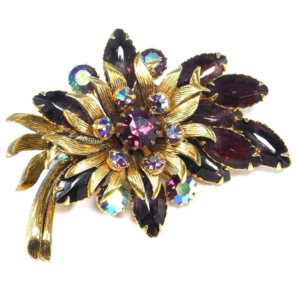 Vintage Signed SELINI Brooch Goldtone Garnet & Aurora Borealis Stones Layered